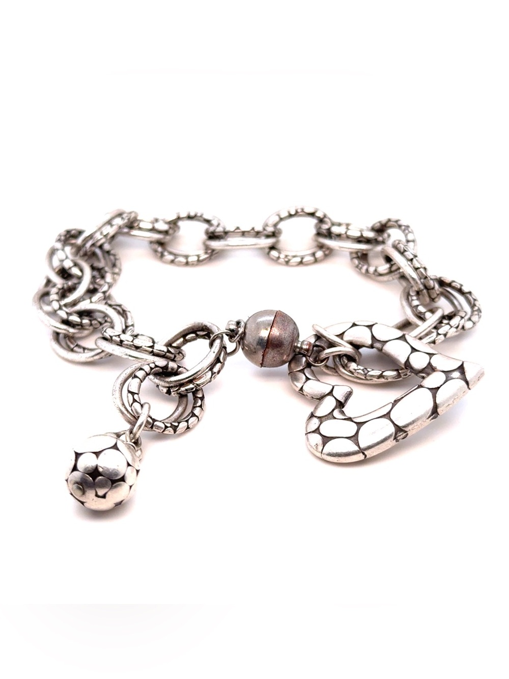 Brighton Silver-Tone Textured Magnetic Clasp Link Bracelet with Charm